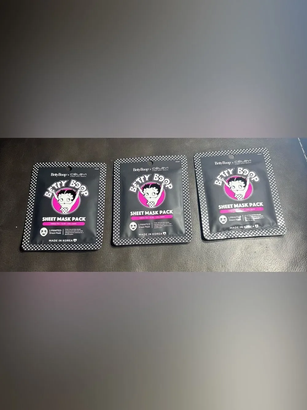 3 New Betty Boop Face Sheet Mask Pack Hydrating Green Tea + Aloe + Collagen